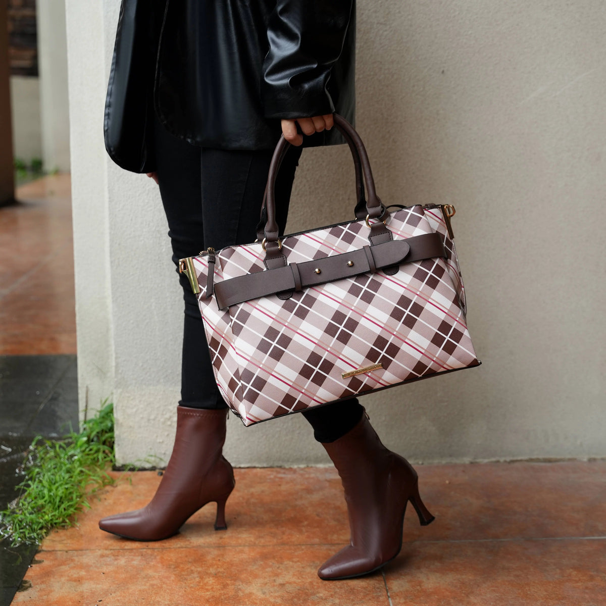 Plaid Vegan Leather Satchel Bag U44577