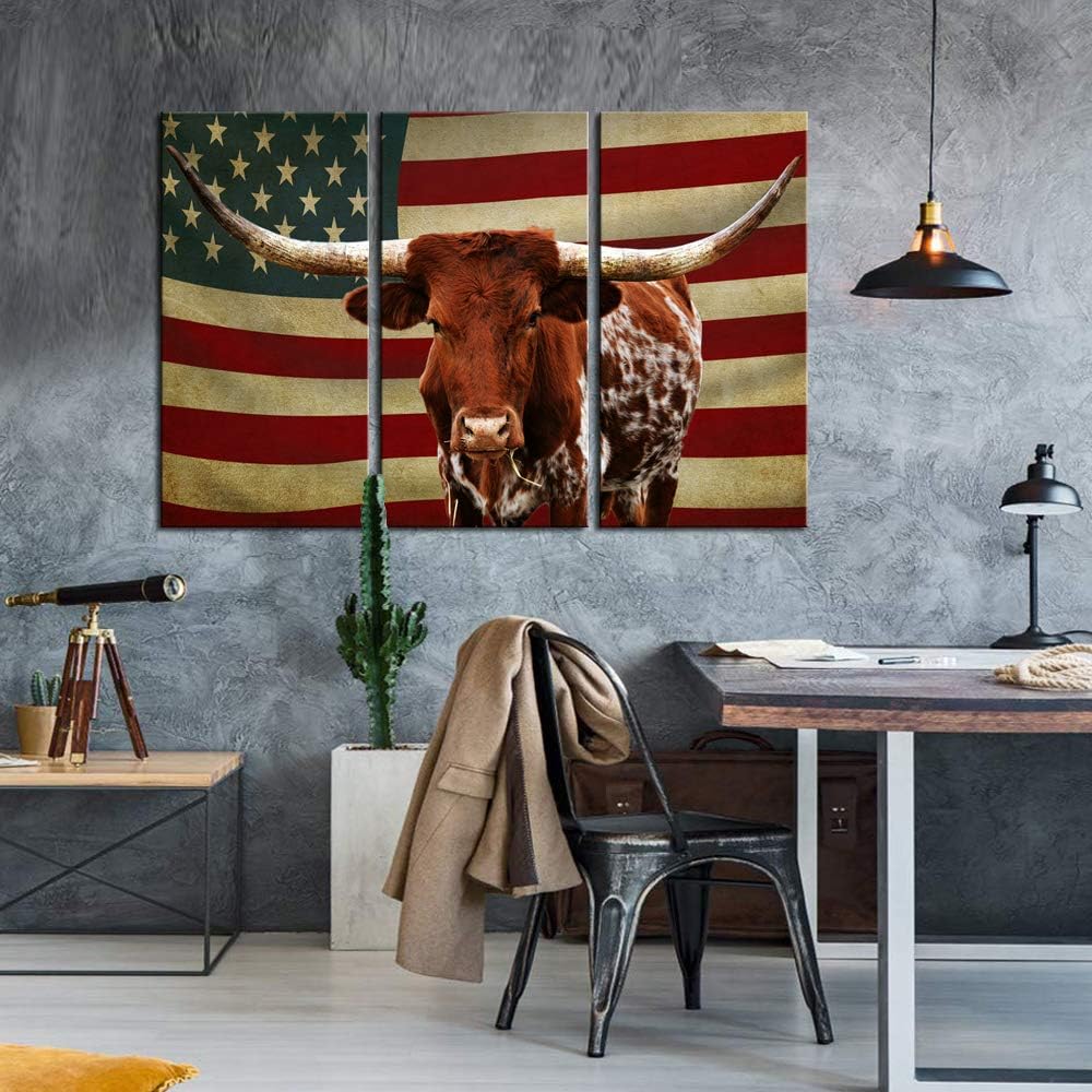 3 Piece Canvas Print Texas Longhorn with American USA Flag Wall Art R528718
