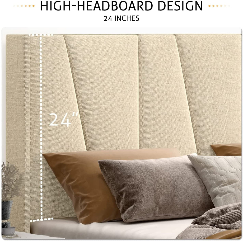 King Size Beige Upholstered Platform Bed with Wingback P650