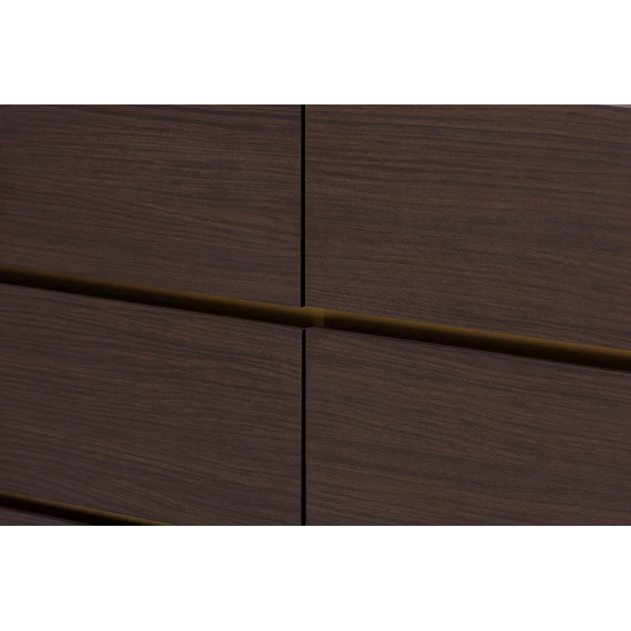 Dark Brown Gold Wood 6-Drawer Dresser with Faux Marble Top S6118