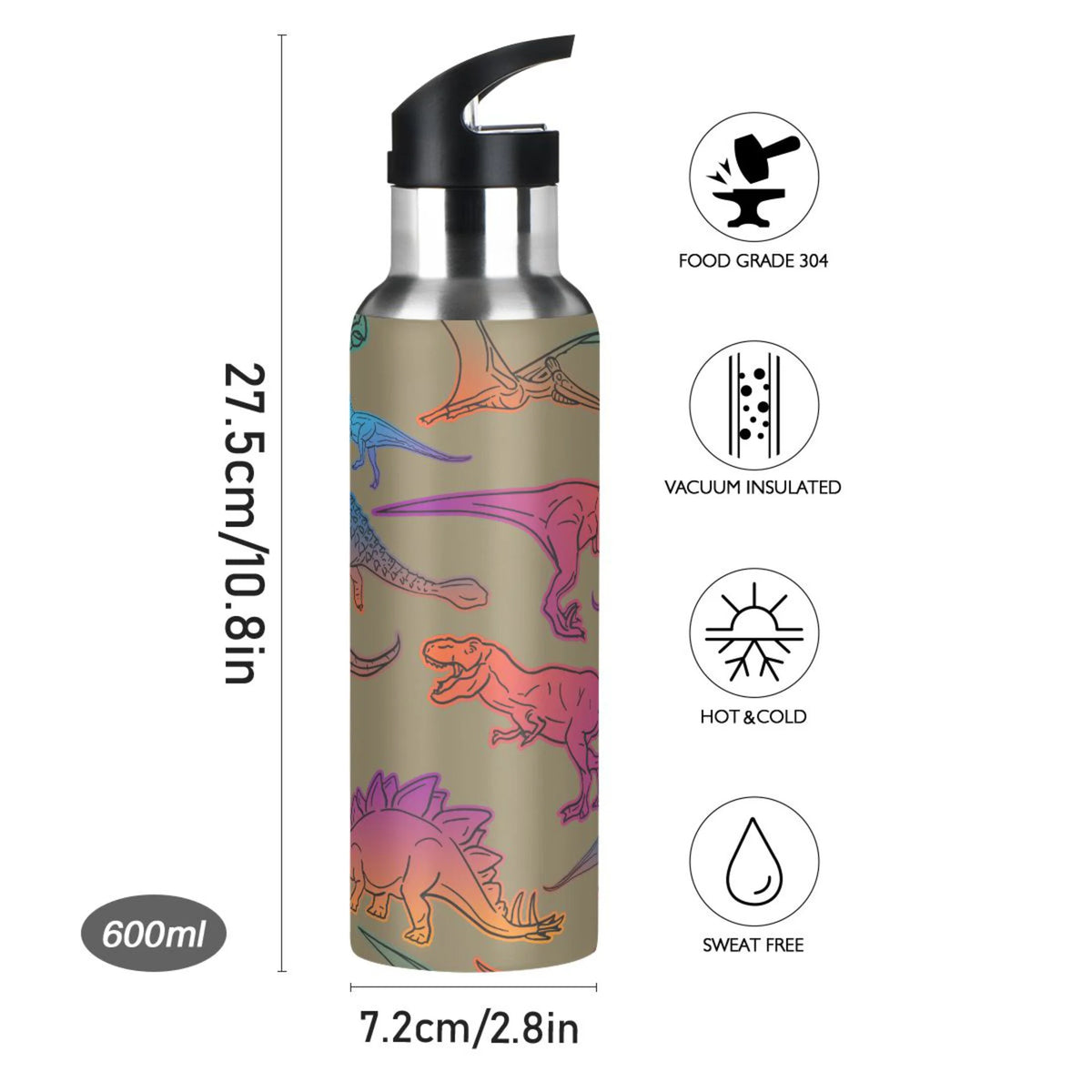 Colorful Dinosaur Stainless Steel Insulated Water Bottle with Straw Lid Y5118