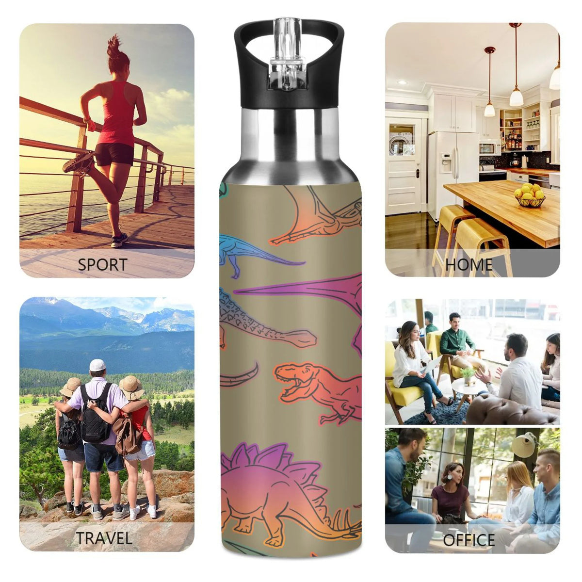 Colorful Dinosaur Stainless Steel Insulated Water Bottle with Straw Lid Y5118