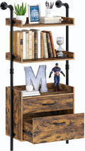 Industrial Bookshelf with 2 Wood Drawers, Wall Mounted 3-Tier Bookcase, Rustic Brown F5054