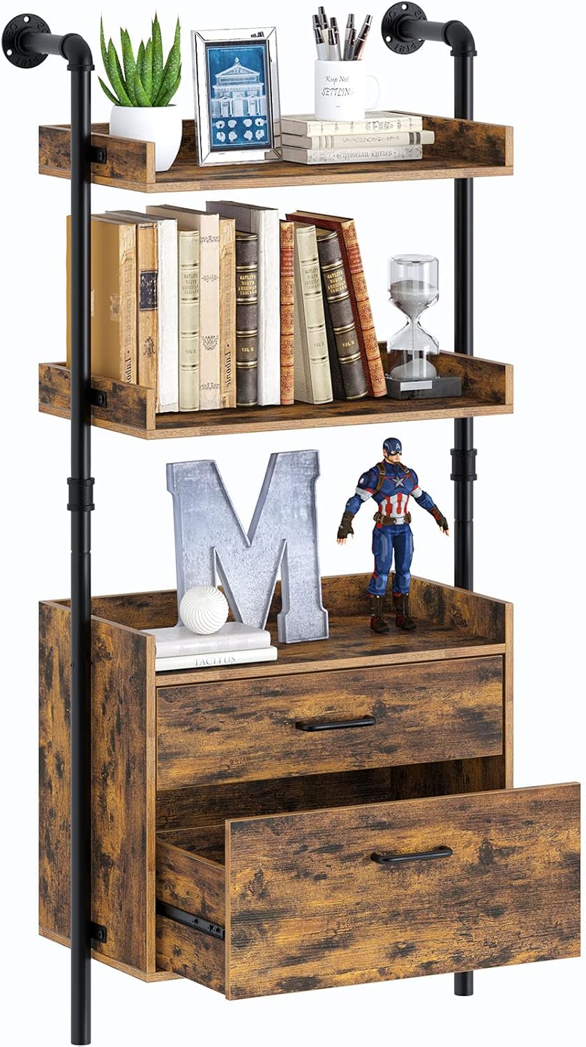 Industrial Bookshelf with 2 Wood Drawers, Wall Mounted 3-Tier Bookcase, Rustic Brown F5054