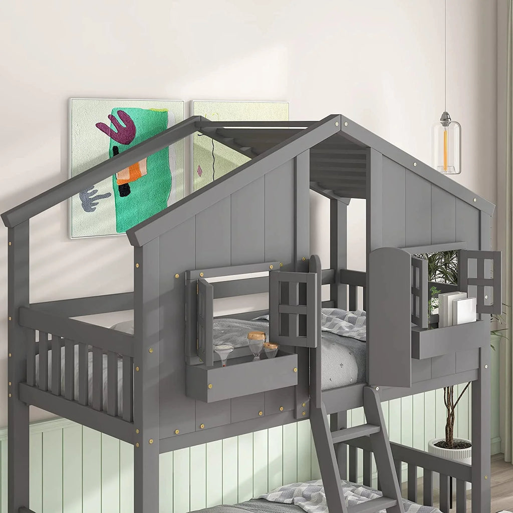 Gray Wood Kids Bed with Roof and Guardrails X18615