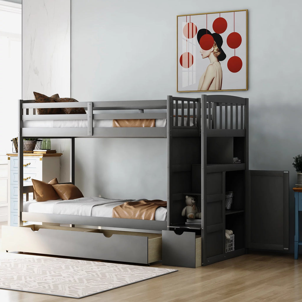 Twin over Twin or Twin over Full Bunk Bed with Drawers, Shelf and Storage Cabinet, Gray U1209