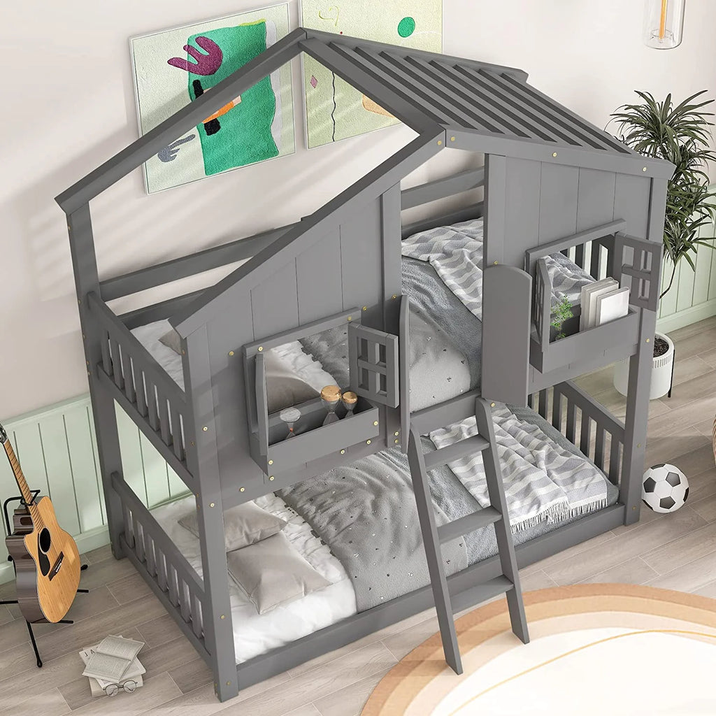 Gray Wood Kids Bed with Roof and Guardrails X18615