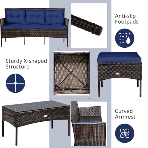 3 Pieces PE Rattan Wicker Patio Conversation Set with Cushions and Tempered Glass Coffee Table I98458