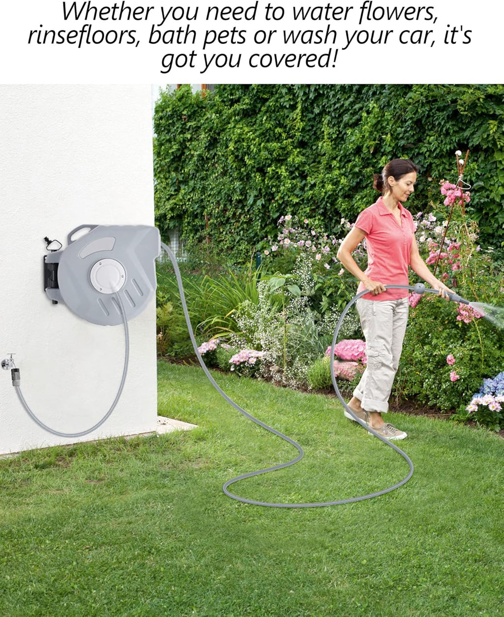 65FT Wall Mounted Retractable Garden Hose Reel with 9 Pattern Nozzle K9983