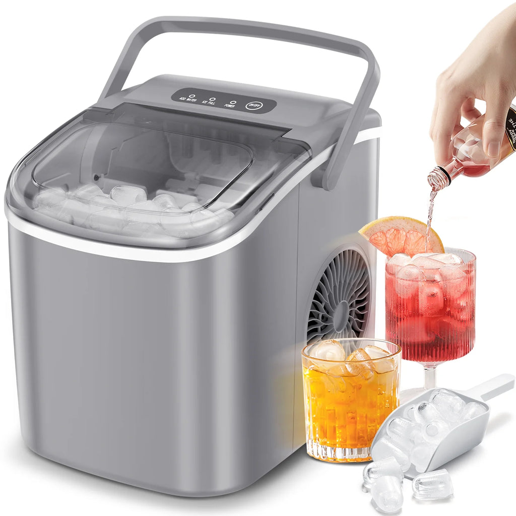 Countertop Portable Ice Maker Machine with Handle, 9 Bullet-Shaped Ice Cubes, 26Lbs/24H with Ice Scoop and Basket I37367