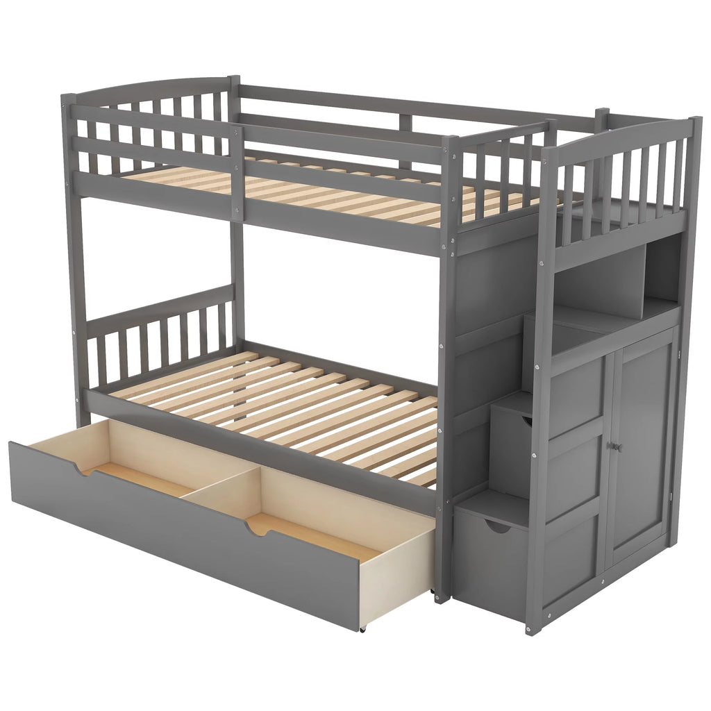 Twin over Twin or Twin over Full Bunk Bed with Drawers, Shelf and Storage Cabinet, Gray U1209