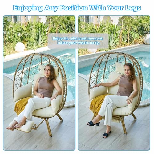 Oversized Beige Wicker Egg Chair with Cushion & Footrest C43527