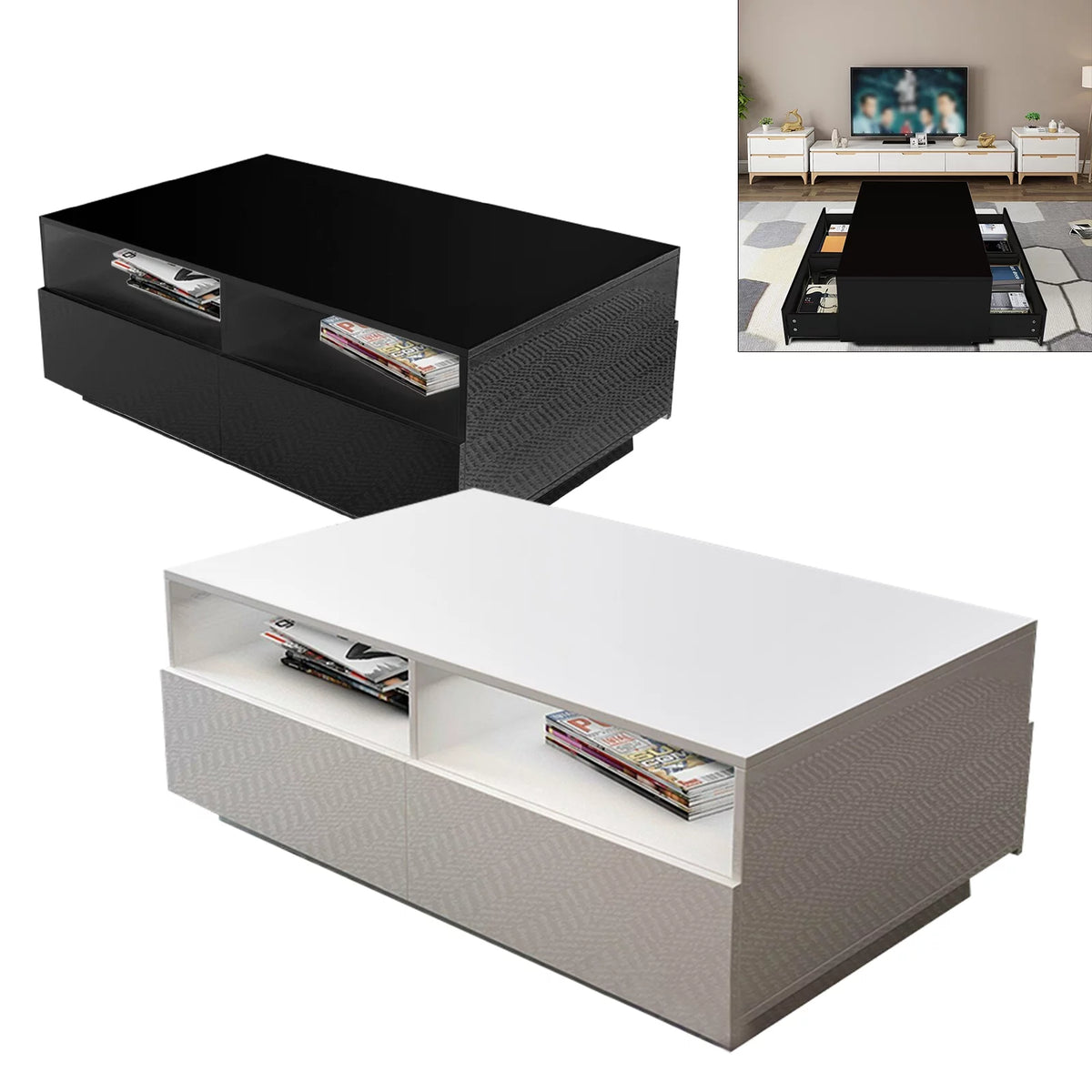 High Gloss Coffee Table with 4 Drawers and 2 Open Shelves E483761