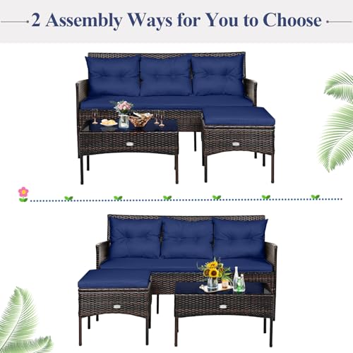 3 Pieces PE Rattan Wicker Patio Conversation Set with Cushions and Tempered Glass Coffee Table I98458