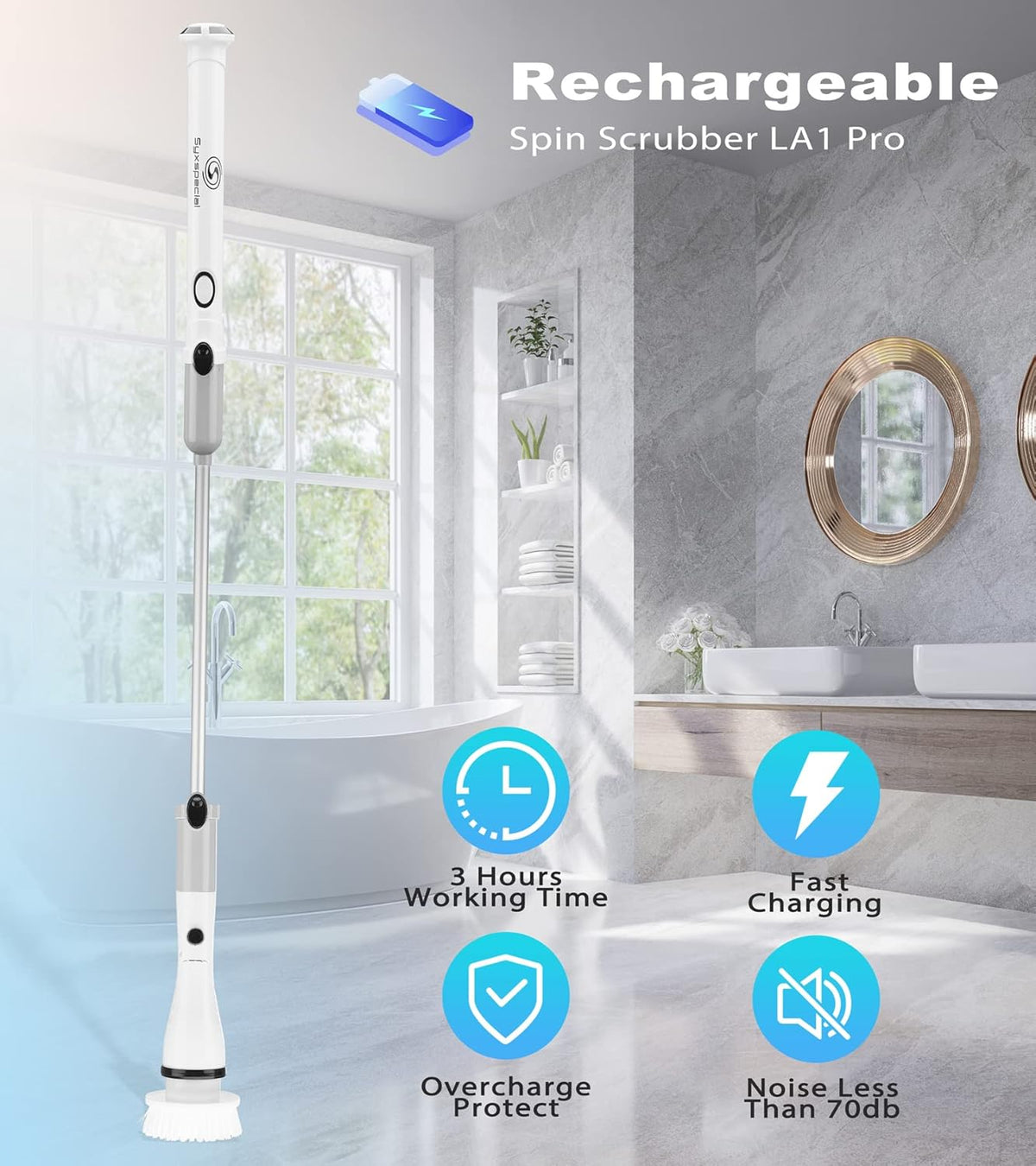 Electric Spin Scrubber with 4 Replaceable Brush Heads and Adjustable Extension Handle, Pack of 2 V8474