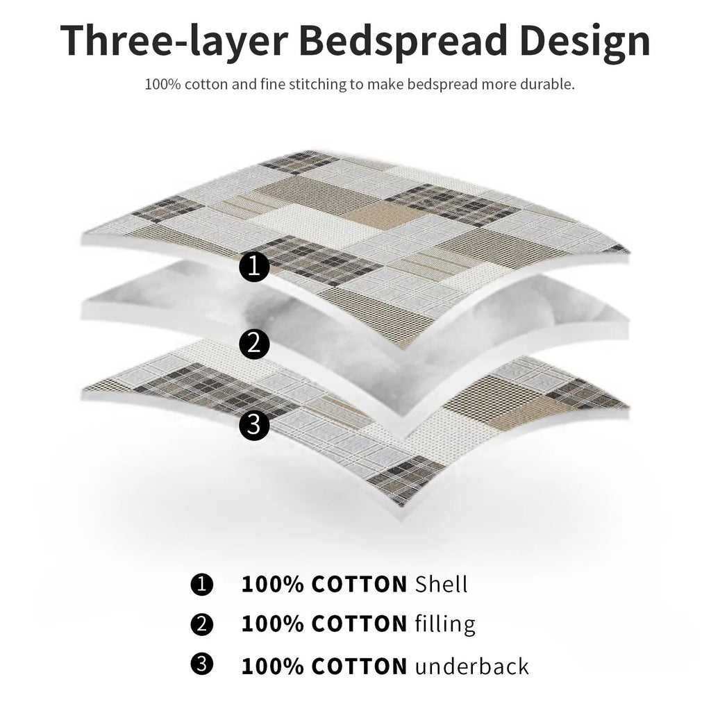 King Size 100% Cotton Beige Brown Patchwork Plaid Quilt Set 3-Piece O4744