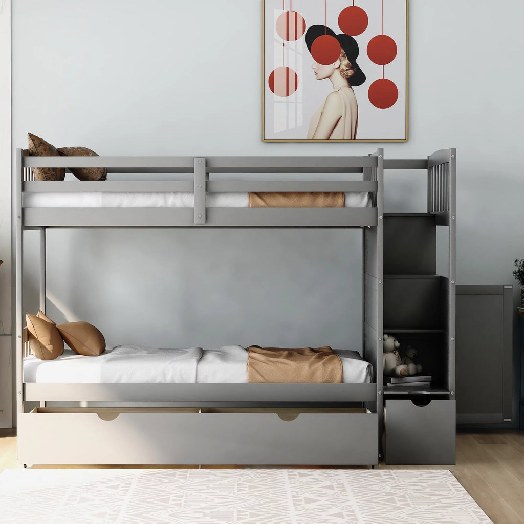 Twin over Twin or Twin over Full Bunk Bed with Drawers, Shelf and Storage Cabinet, Gray U1209