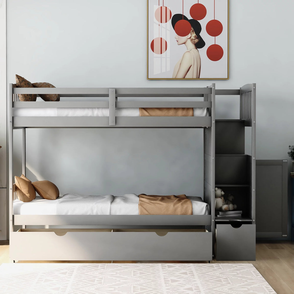 Twin over Twin or Twin over Full Bunk Bed with Drawers, Shelf and Storage Cabinet, Gray U1209