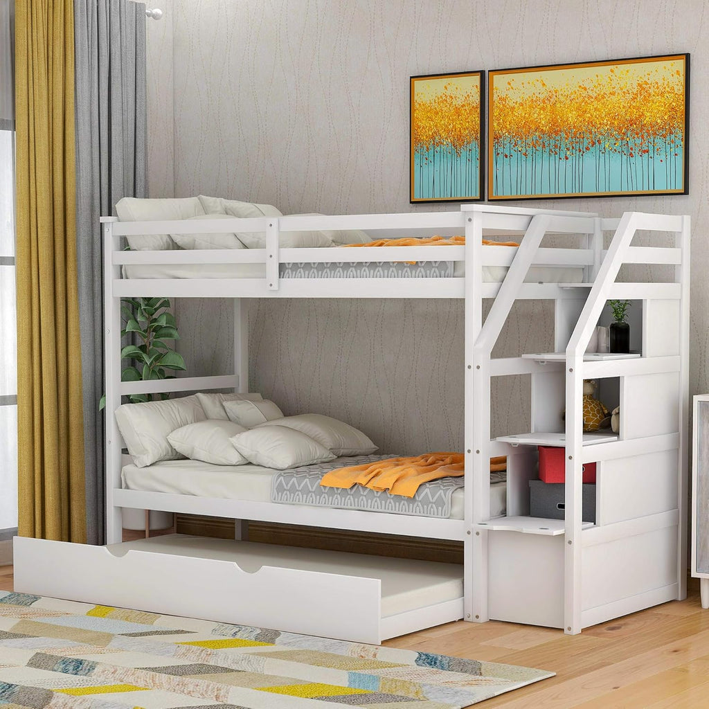 Grey Wood Twin Over Twin Bunk Bed with Trundle and Storage Drawers C513211