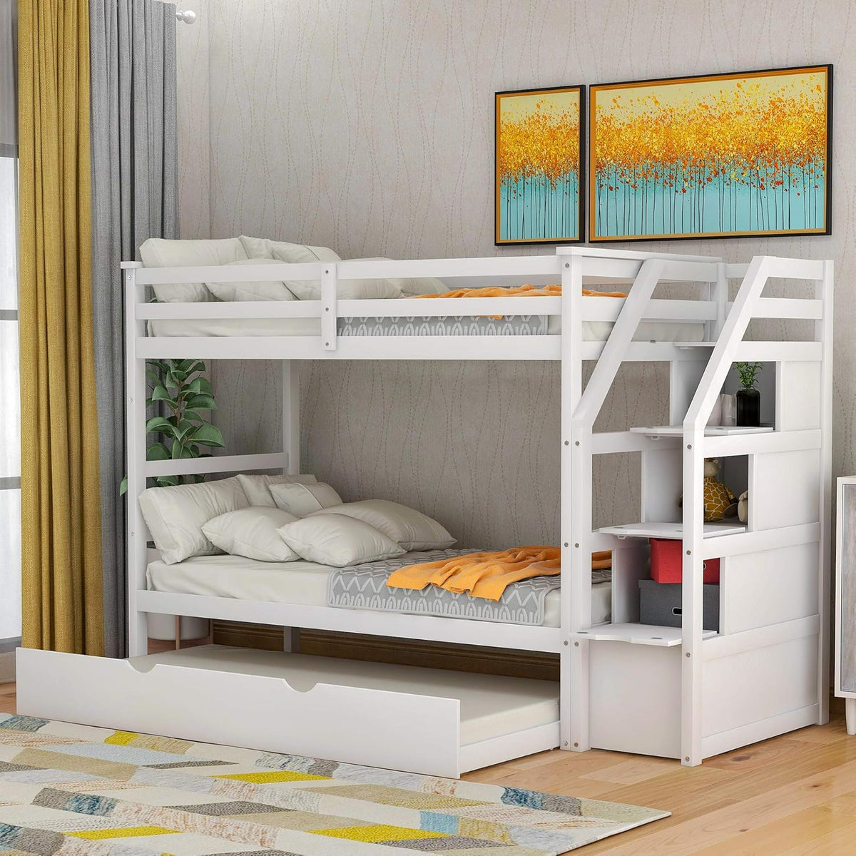 Grey Wood Twin Over Twin Bunk Bed with Trundle and Storage Drawers C513211