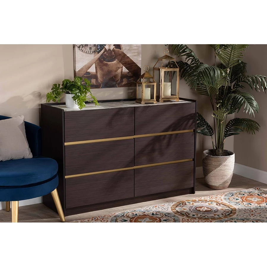 Dark Brown Gold Wood 6-Drawer Dresser with Faux Marble Top S6118