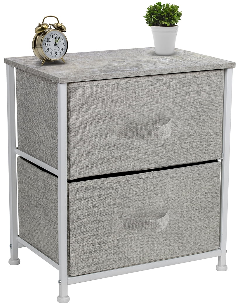2 Drawer Nightstand with Steel Frame, Wood Top, Fabric Bins A917744