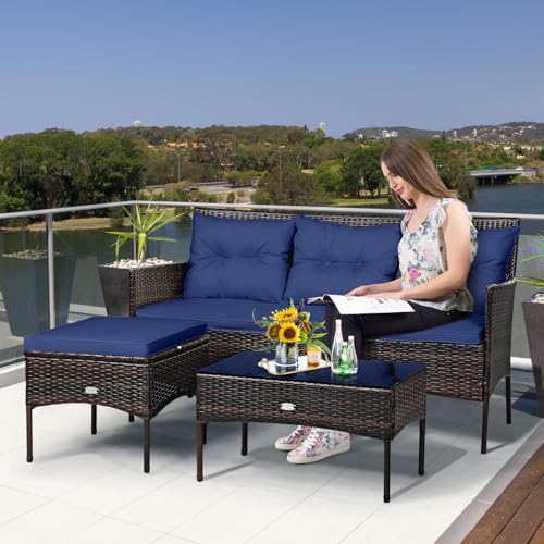 3 Pieces PE Rattan Wicker Patio Conversation Set with Cushions and Tempered Glass Coffee Table I98458