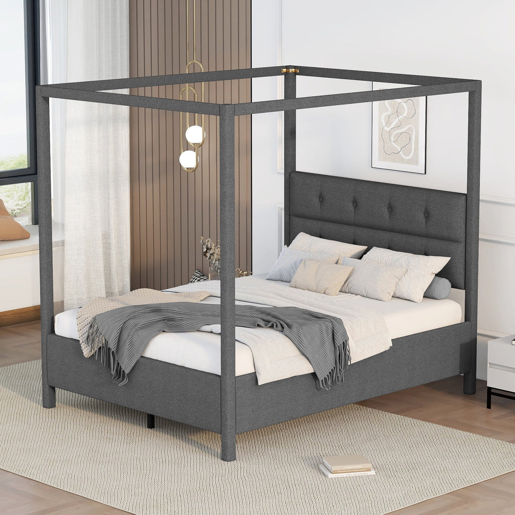 Queen Size Upholstery Canopy Platform Bed with Headboard S11707